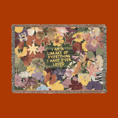 "library of everyone I loved" woven blanket