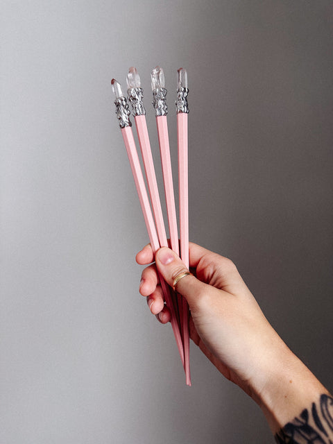 "pink" clear quartz hairstick