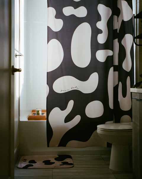 bath curtains + rugs.
