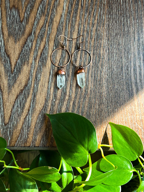 small clear quartz copper hoops