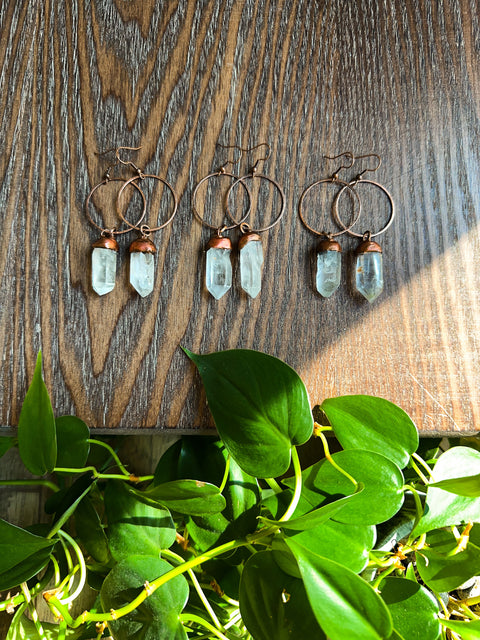 clear quartz copper hoops