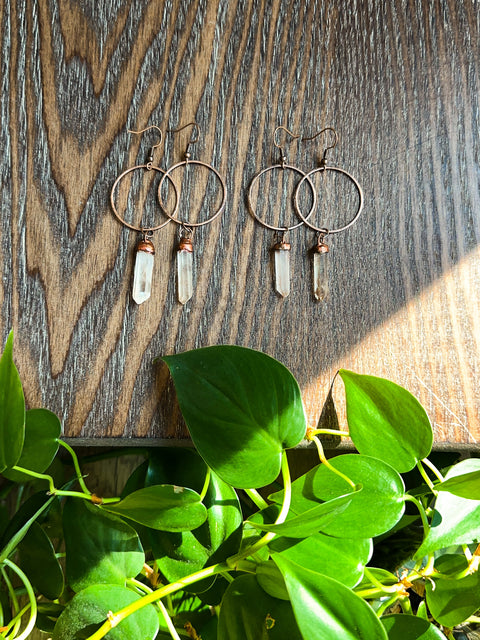 clear quartz copper hoops