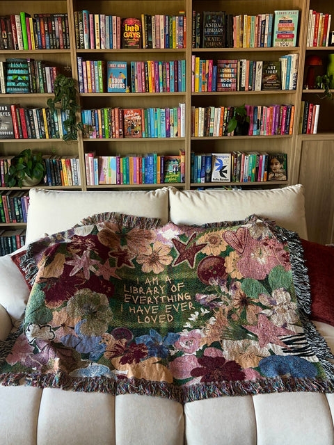 "library of everyone I loved" woven blanket