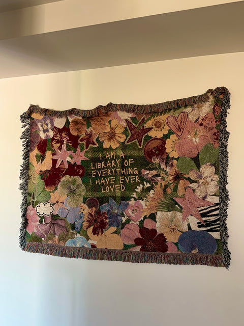 "library of everyone I loved" woven blanket